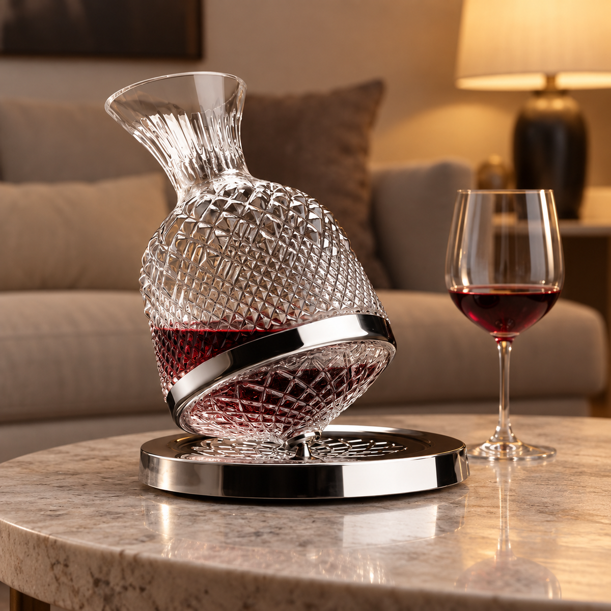 Silver Diamond-Pattern Rotating Wine Decanter with Silver Base, 1.5 L