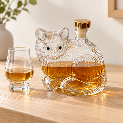 Cat-Shaped Glass Whiskey Bottle with Gold-Tone Stopper
