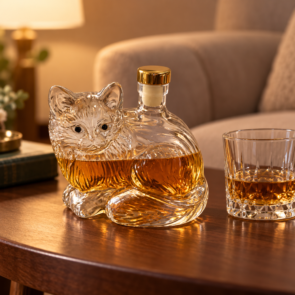 Cat-Shaped Glass Whiskey Bottle with Gold-Tone Stopper