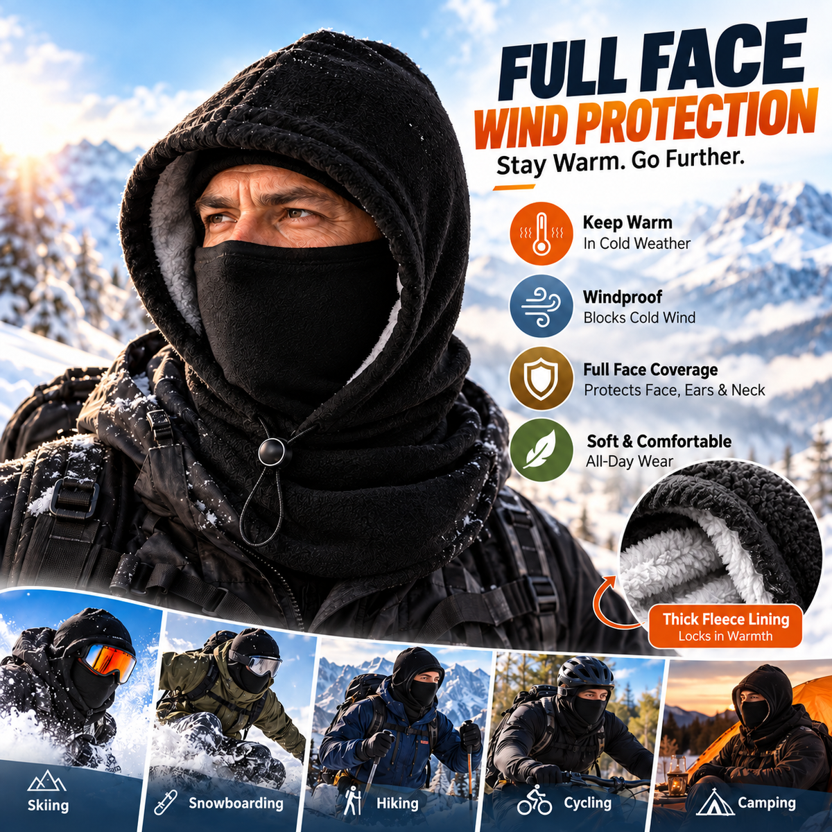 3-in-1 Fleece Balaclava Hood – Windproof Full Face Cover, Neck Gaiter & Winter Ski Mask