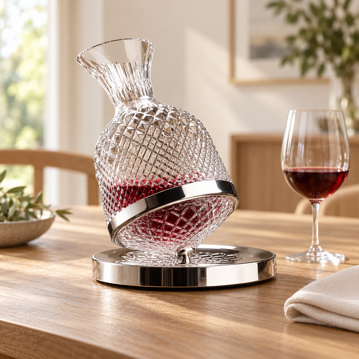 Silver Diamond-Pattern Rotating Wine Decanter with Silver Base, 1.5 L