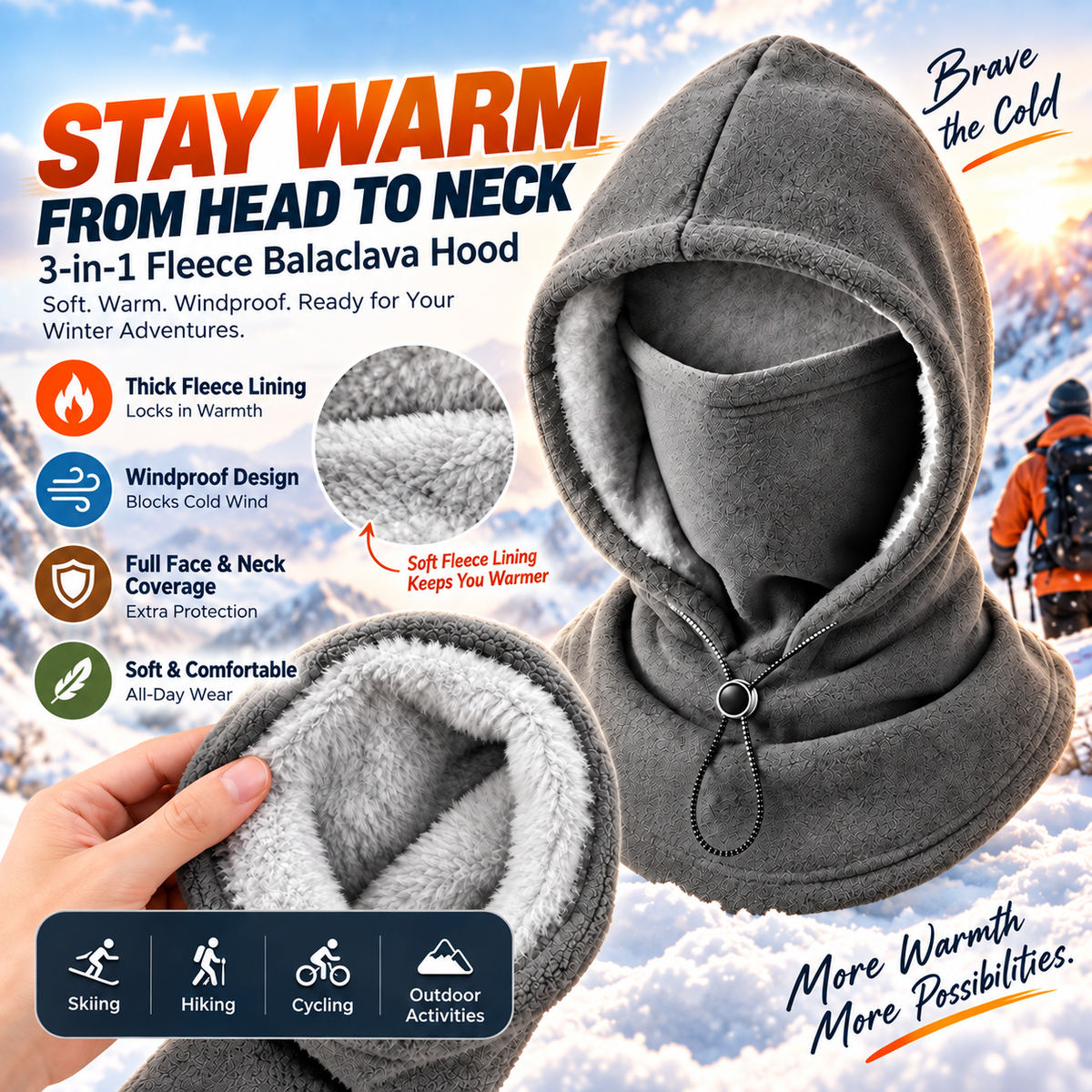3-in-1 Fleece Balaclava Hood – Windproof Full Face Cover, Neck Gaiter & Winter Ski Mask