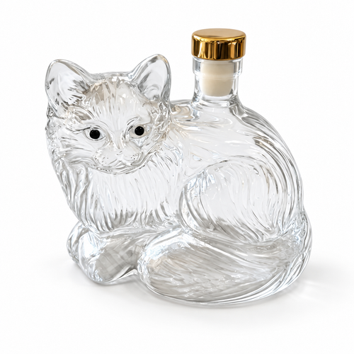 Cat-Shaped Glass Whiskey Bottle with Gold-Tone Stopper